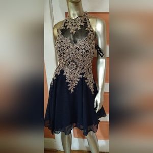 Special occasion knee lelght dress navy blue and gold white sparkling stones